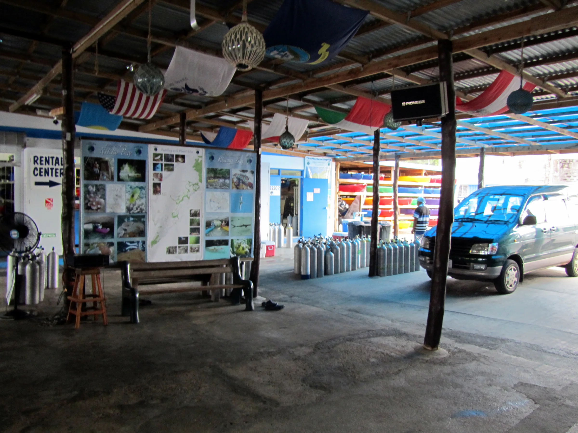 The arrival area at Sam's Tours. Tanks are lined up for loading on the diveboats.