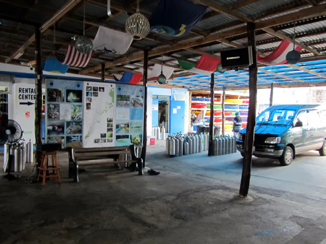 The arrival area at Sam's Tours. Tanks are lined up for loading on the diveboats.