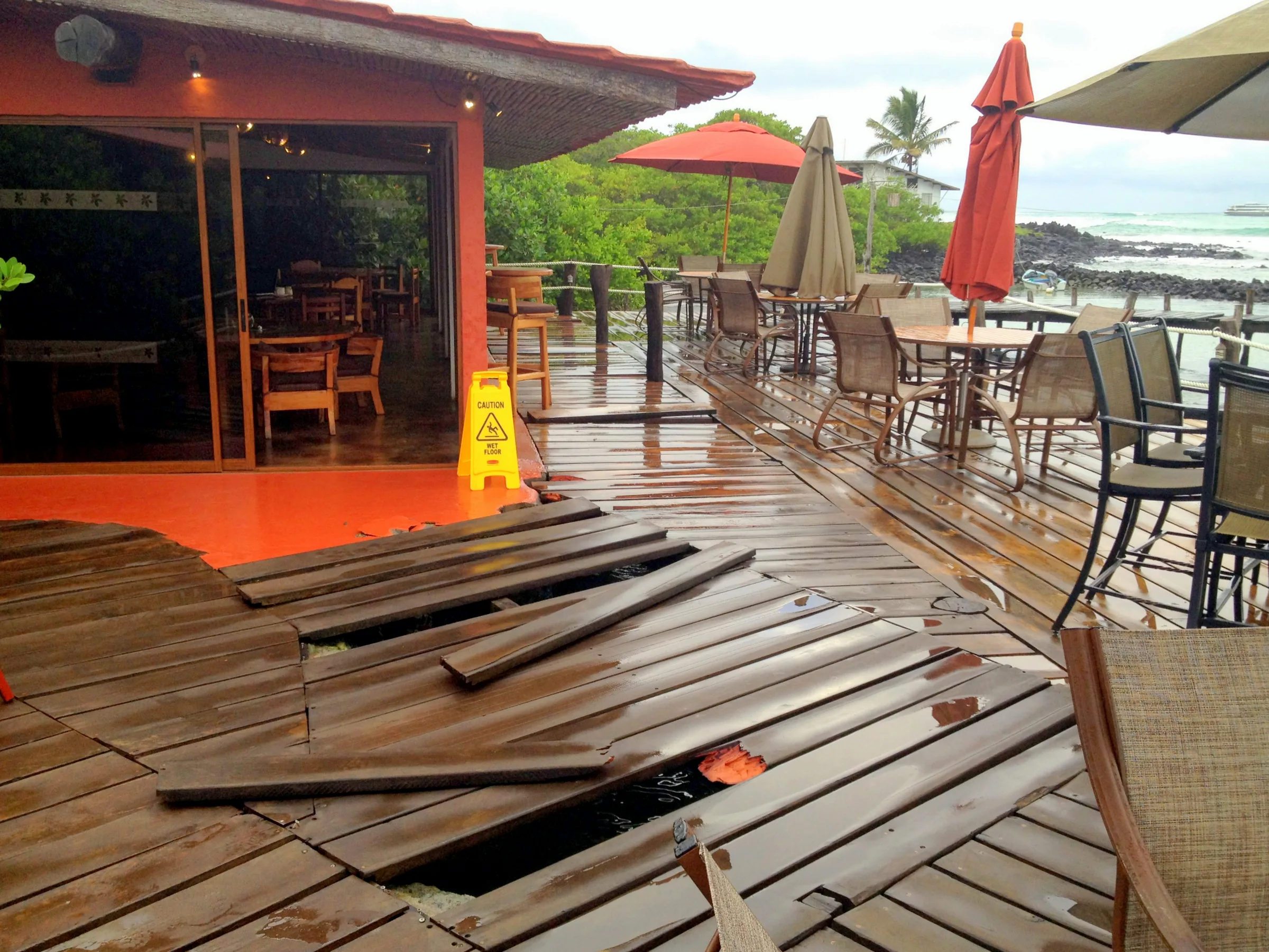 The night of July 5 was one of rain and violent seas.  The waves ripped up the outer deck of the Red Mangrove Restaurant at our Lodge.