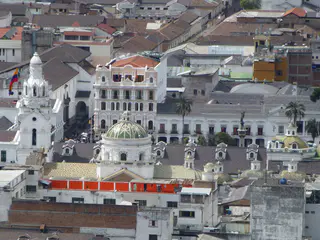 Looking down from Pim's Restaurant toward the Plaza Grande in the old city of Quito.  According to the Plaza Grande Hotel's website, "Quito was declared a UNESCO "World Heritage Site" in 1978, thanks to its historic center, which is the largest and best preserved in Latin America. The colonial center of the Franciscan city of Quito is a treasure trove of baroque art and architecture, including buildings, churches, monasteries and narrow streets that reflect Ecuador's unique blend of indigenous and Spanish cultures."