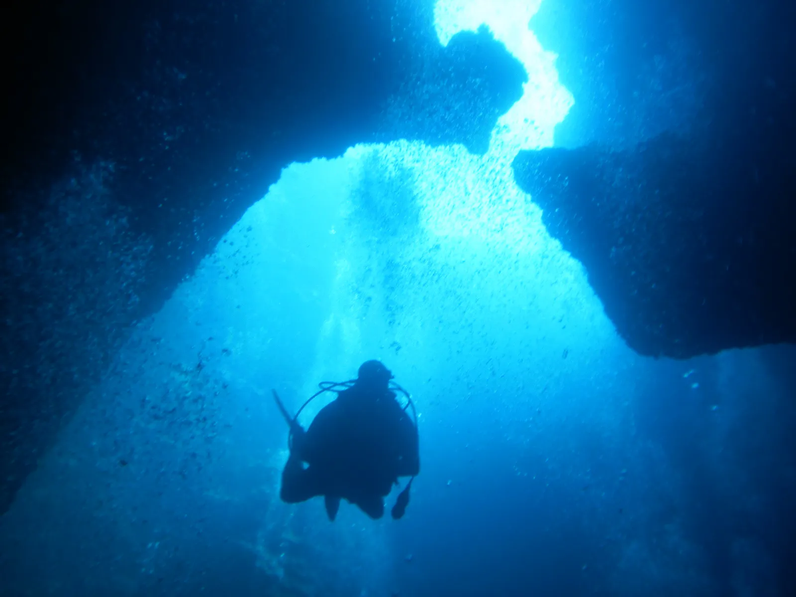A diver enters the cavern after descending through one of the 4 blue holes.