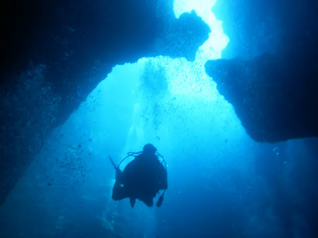 A diver enters the cavern after descending through one of the 4 blue holes.