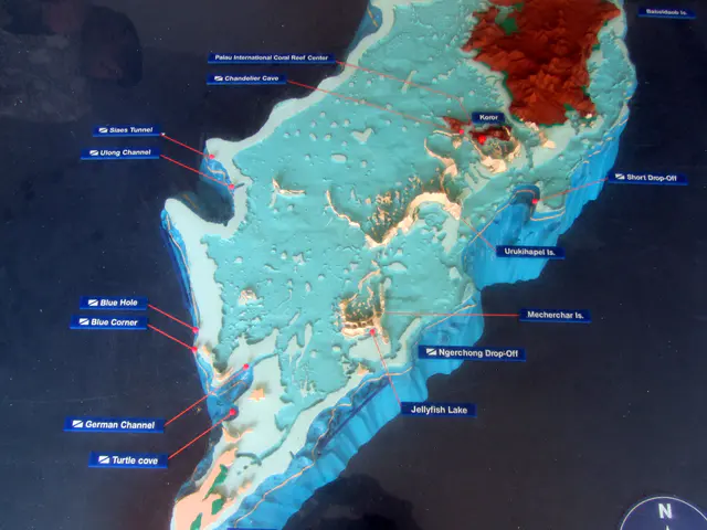 The Jellyfish Lake divesite is shown at the lower right side of this topographic map of Koror and the rock islands. It is located in the interior of the rock island and requires a hike to access.