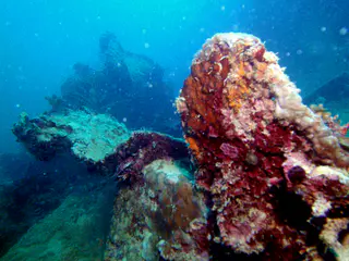 Twisted wreckage on the main deck of the WWII Wreck Nagisan Maru.