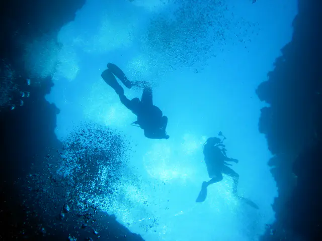 Looking up as two divers prepare to enter the cavern through one of the blue holes.   At the depth at which this photo was taken, the water's surface is no longer clearly visible.