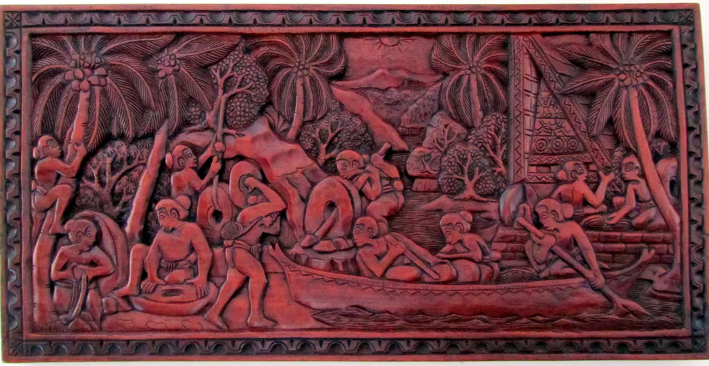 Palauan board depicting the stone money story is displayed at the Judiciary Building.  Stone money was mined on Babeldaop and sailed back to Yap where it was used as money. Its value initially related to the difficulty of the mining and journey by sea to acquire the heavy stones.