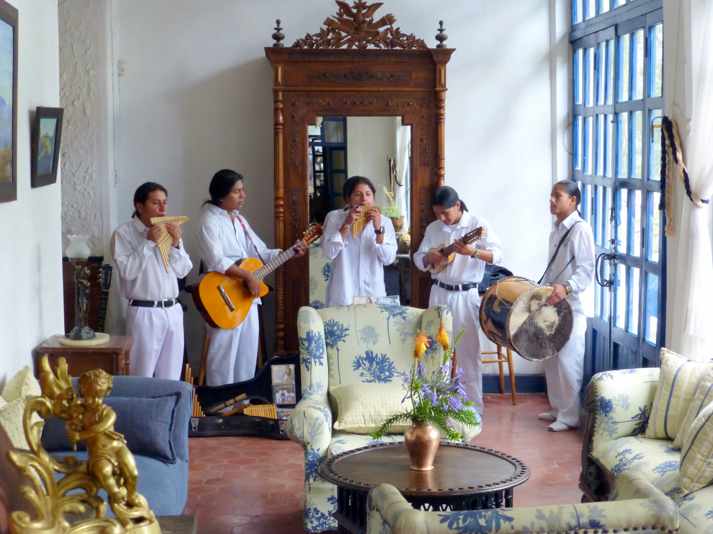 Hosteria Hacienda Pinsaqui, Otavalo. This group performed throughout our lunch at the Hacienda.
