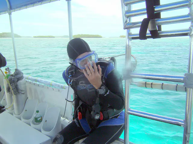 I am preparing to begin a dive by a back entry off of the boat.  To do so, I place my hand in front of my face to hold my mask and regulator, as I roll from the boat backwards into the water, tank first.