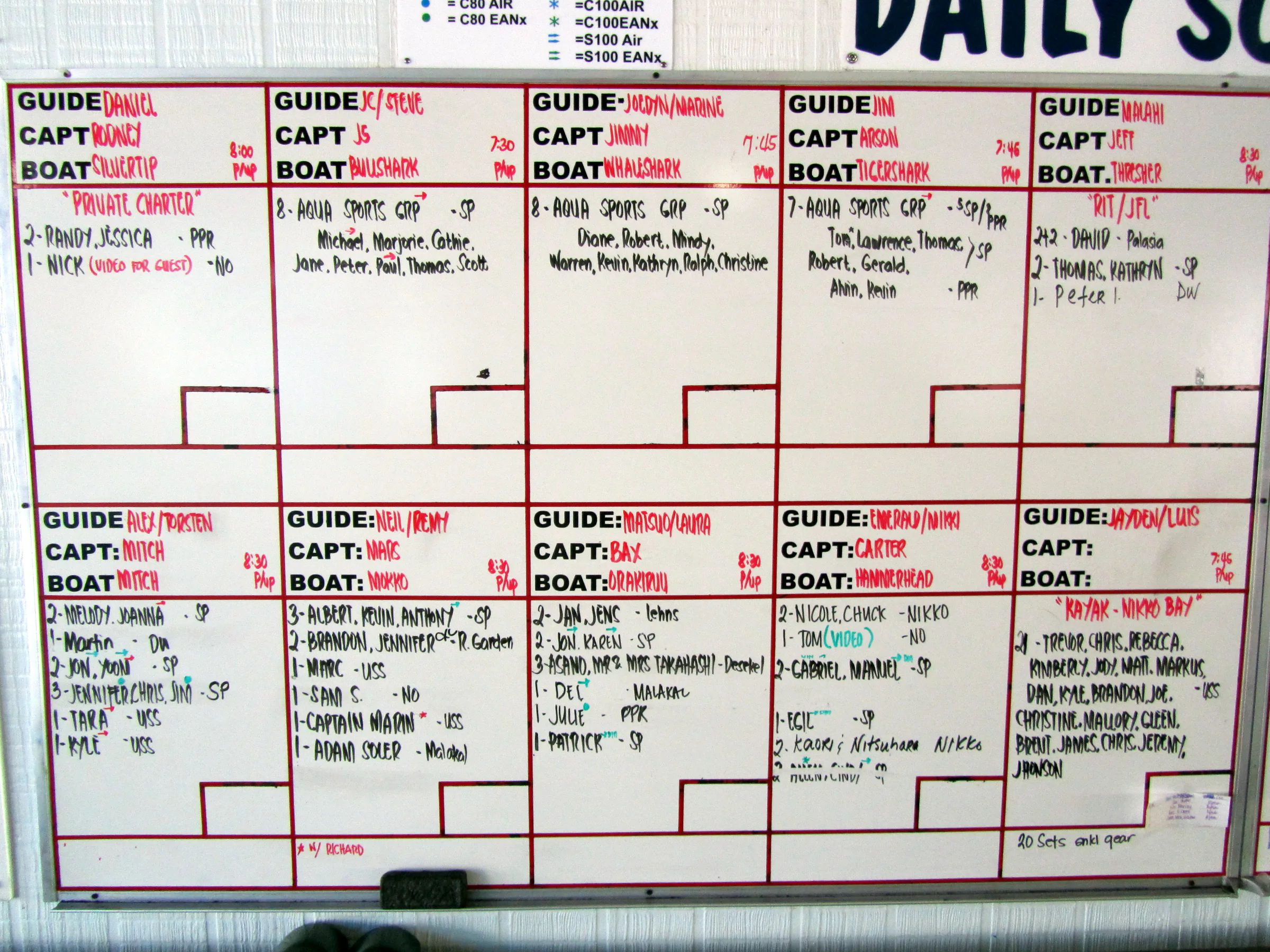 The Daily Schedule at Sam's Tours for 2011-01-23.  We did not dive on January 23 because we were flying to Guam-HNL-LAX that night.  Had we dove, we might risk decompression sickness.