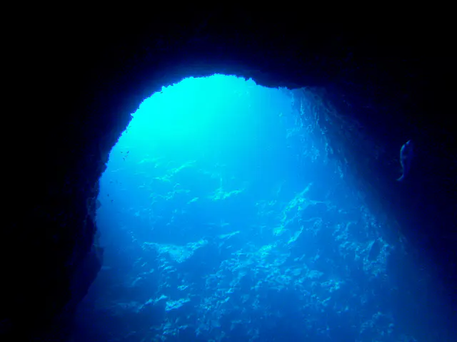 Looking toward an entrance to one of the blue holes from inside the cavern.