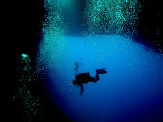 A diver whose silhouette is back-lighted by one of the caverns two exits along the reef wall.