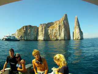 Kicker Rock is in two pieces, and we snorkeled in the passageway between the two. A cruise ship boat is on the left of the photo. This photo was taken with my Intova Sport HD, a camera similar to the Go Pro.
