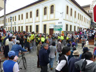 Entering the Cotacachi town square where the processions were being staged.  Per wikitravel.org website, "Cotacachi Village is a small town of 20.000 inhabitants some 20km north of Otavalo. The town is famous for its leather goods."