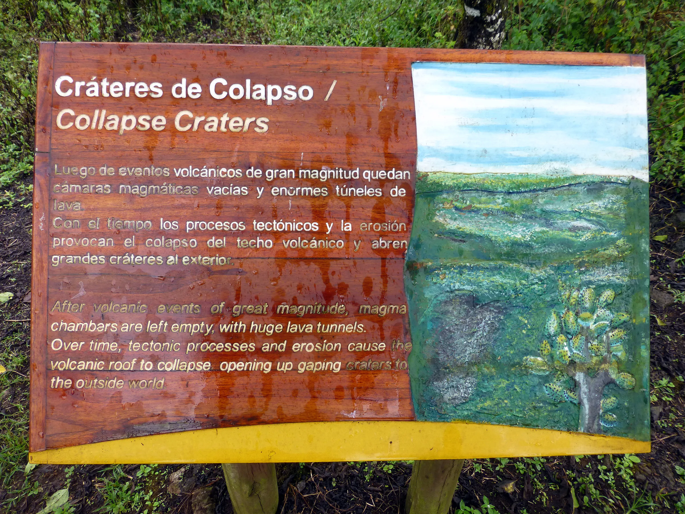 Collapsed volcanic craters are on both sides of the road.