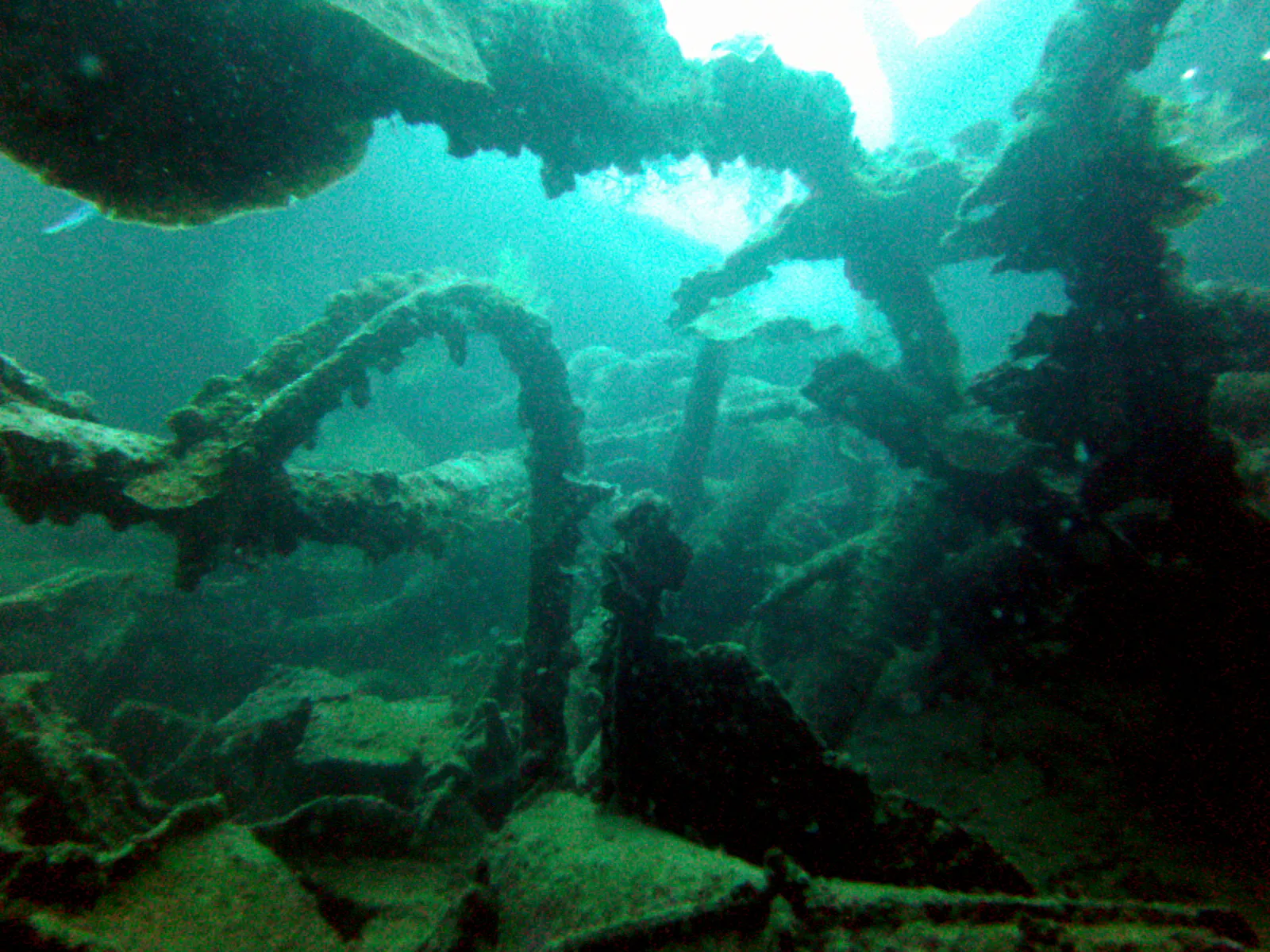 Inside the wrecked body of the ship.