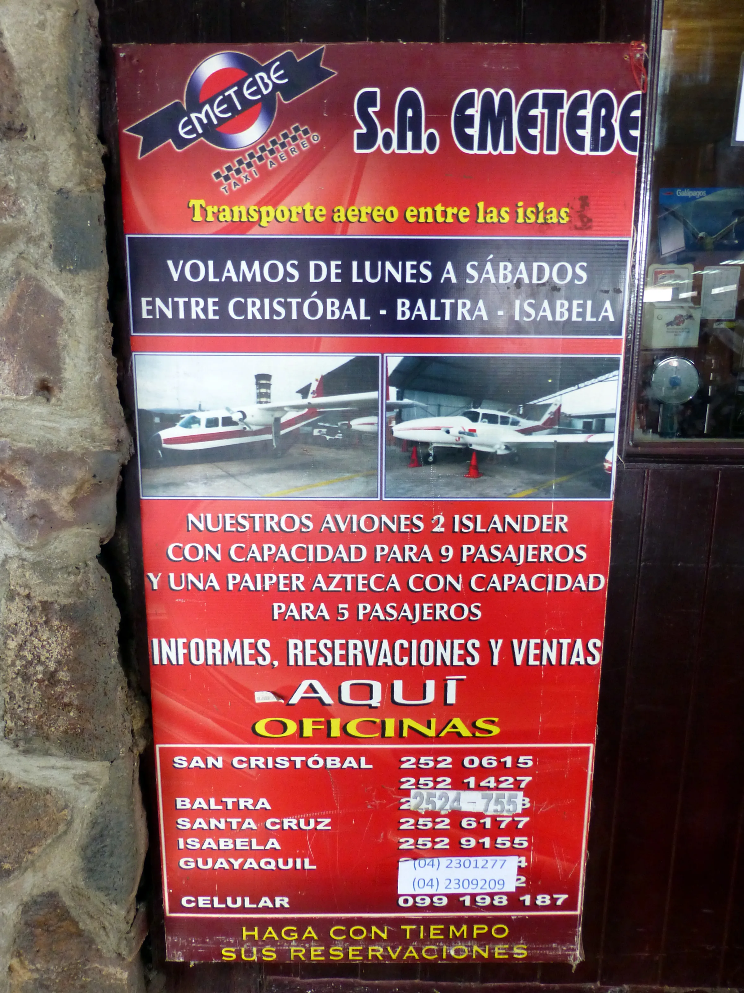 On July 6 we flew from Puerto Ayora to San Cristobal Island on a small plane shown here.  I sat in the copilot's seat.  There was only the one pilot.
