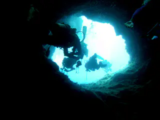 Approaching the exit tunnel from the Blue Holes' cavern.