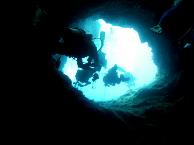 Approaching the exit tunnel from the Blue Holes' cavern.