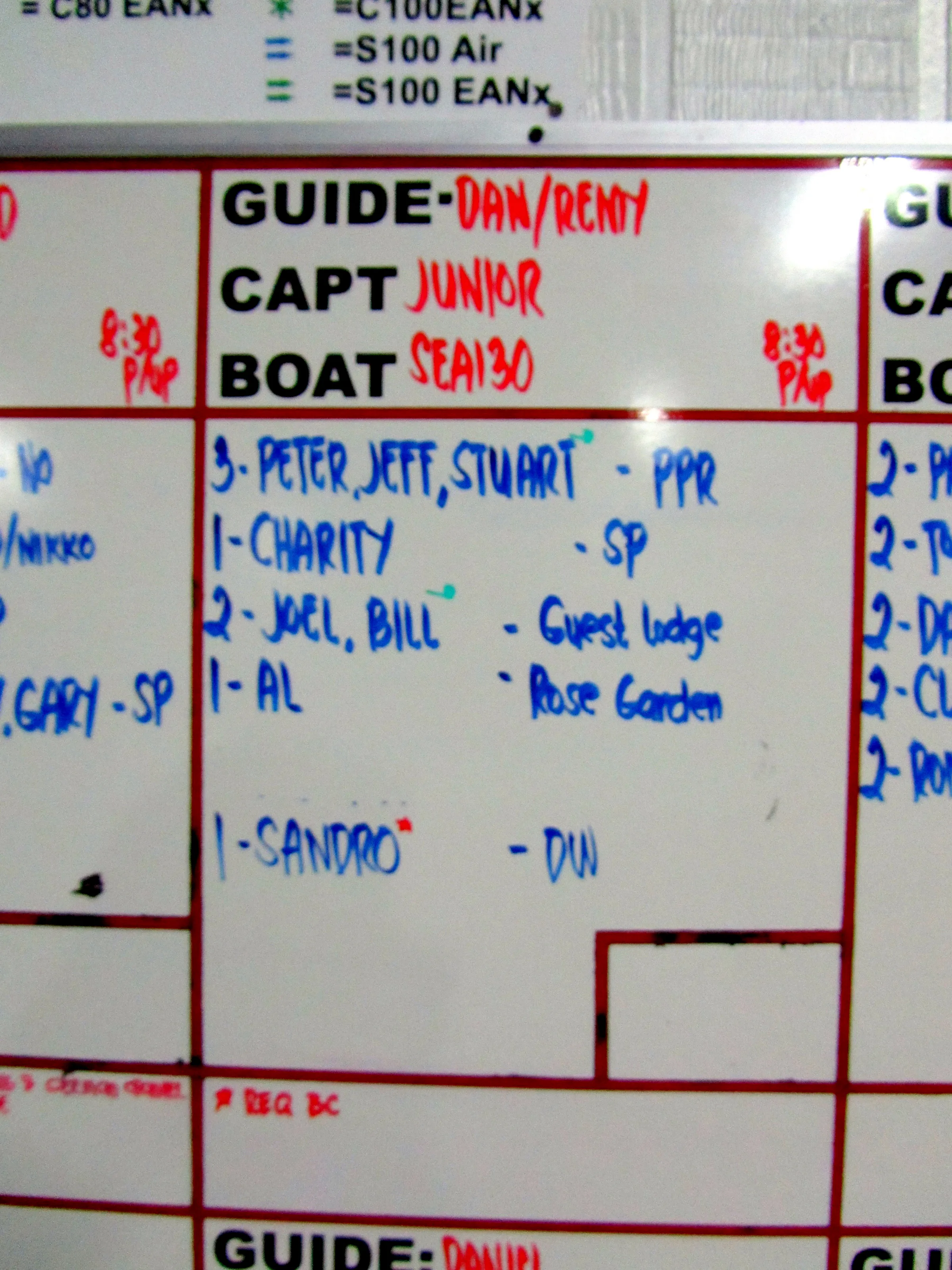 Our diveboat on January 14 included Captain Junior from Palau, divemasters from the USA (Dan) and Switzerland (Remy), 4 friends from Australia (Charity, Peter, Jeff, Stuart), one from Alberta, Canada (Al), and one from Italy (Sandro). 8:30 a.m. pickup time. Boat departed about 9:30 am. 2011-01-14.
