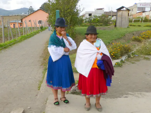 Otavalo women waiting at a bus stop.