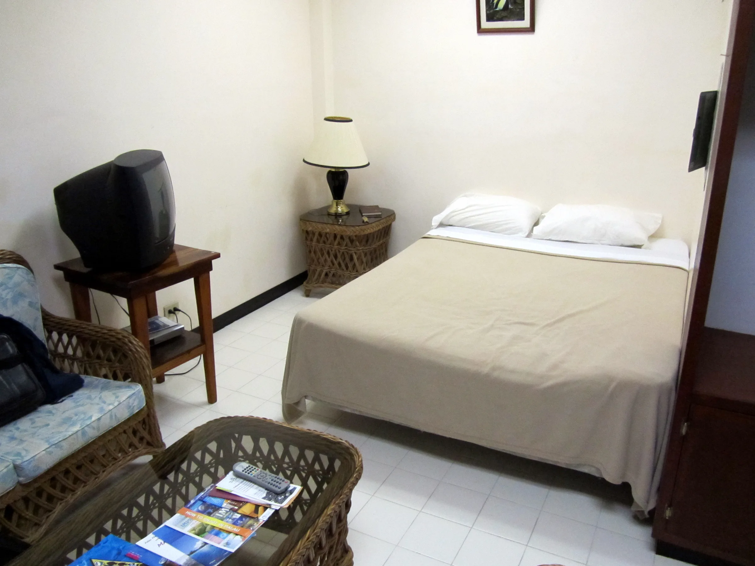 We stayed in clean, budget accommodations - the Guest Lodge Motel in central Koror, Palau.  "The Guest Lodge Motel offers a nice and clean place to stay if you just need a place to sleep and relax between days of outdoor activities.  Note that the building looks a bit shoddy from the outside, because the top floor is not finished. Rooms have AC, refridgerator, Cable TV, 130 V as well as 230 V power outlets, shower/bath, towels etc." [Wikitravel.org]