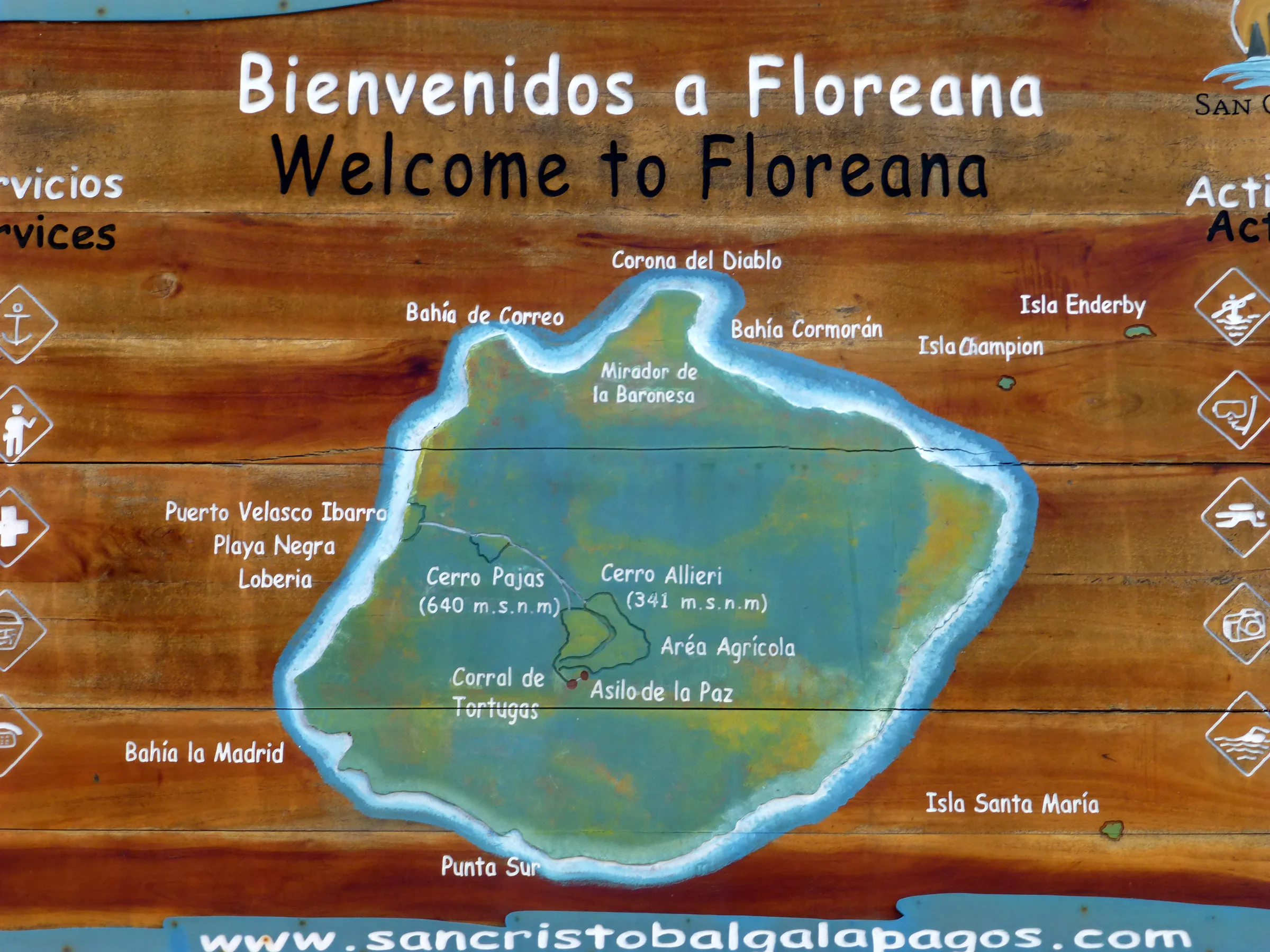 Welcome to Floreana Island, population 200. We docked at Puerto Velasco Ibarra, a town of about 100, on the west side of the Island map above.