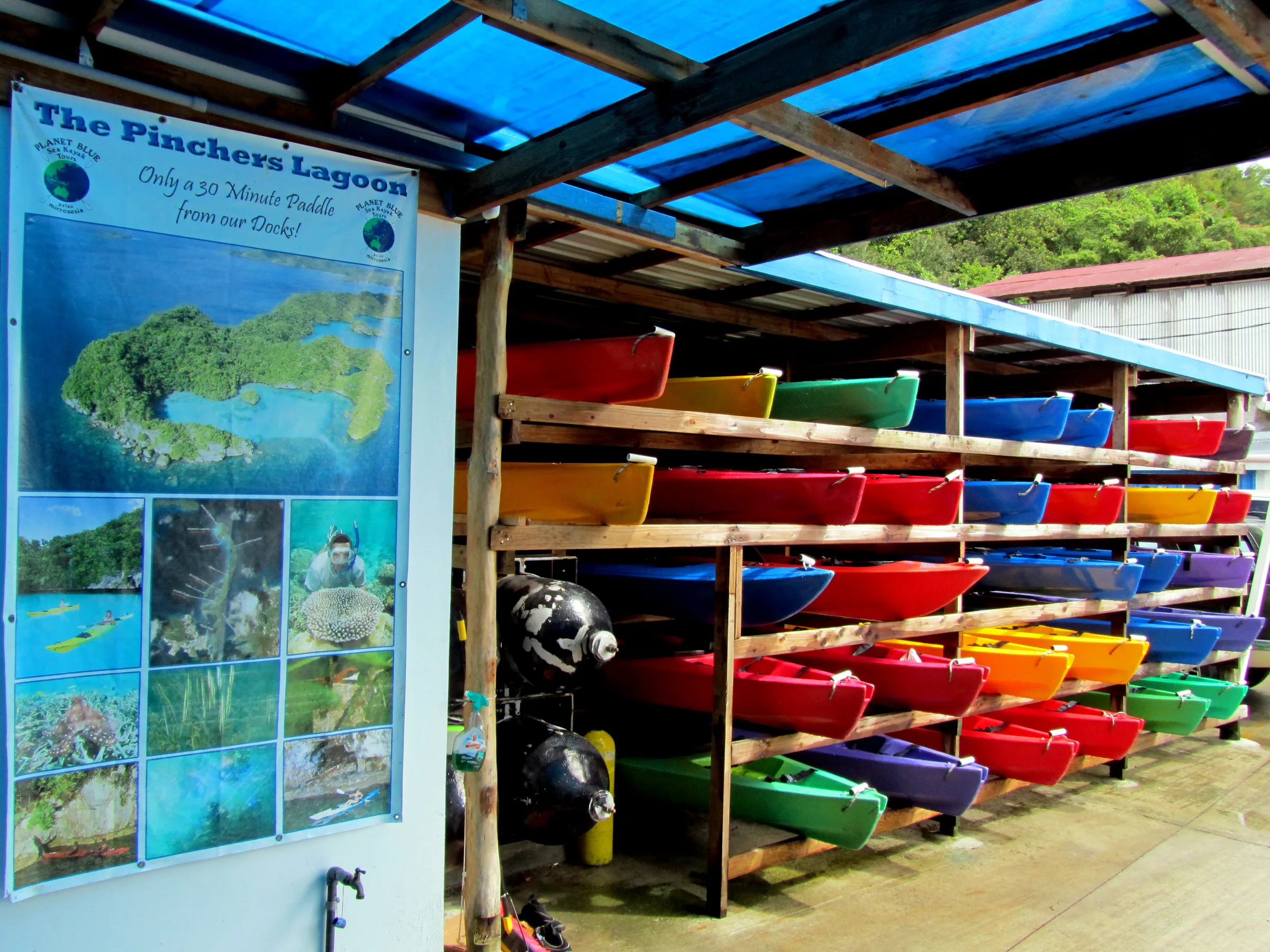 Kayaks for rent at Sam's Tours.  Divers can choose the kayak and snorkeling tour for their last day on Palau, because they cannot safely dive and fly within the same 24 hour period.  We chose to explore the islands by rental car on our last day.
