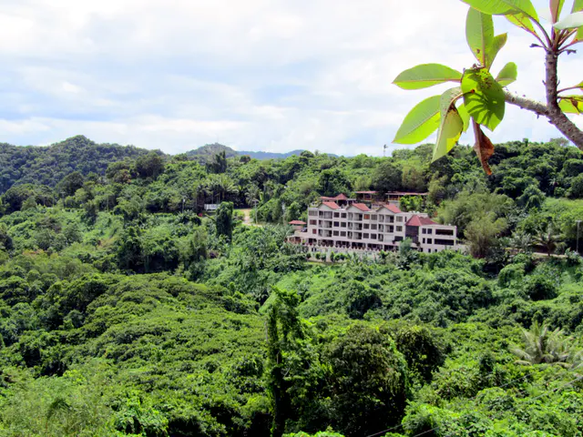 Looking toward a resort from the Elilai Restaurant balcony.