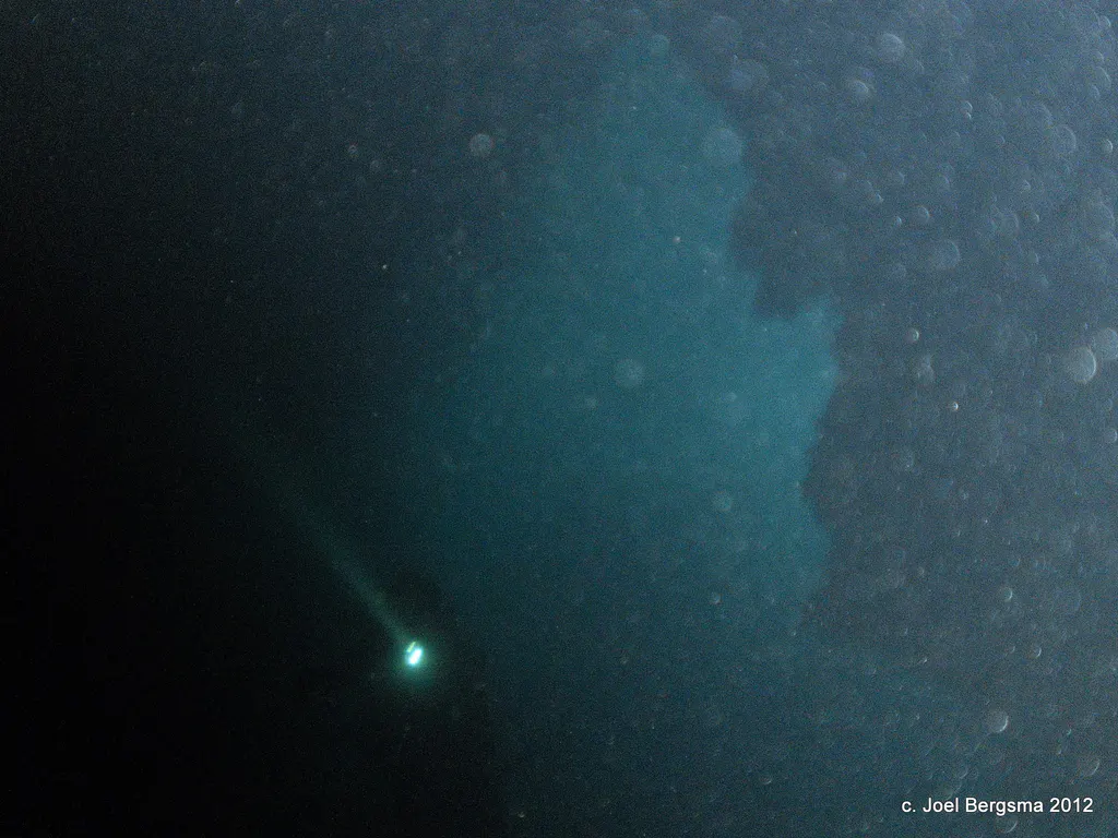 2011-01-14 Chandelier Cave.  The faint light in the background is the cave's entrance.  A diver holds a flashlight.