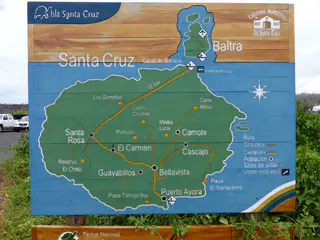 Map of Baltra & Santa Cruz, shows the drive from the Channel across the Island to Puerto Ayora.