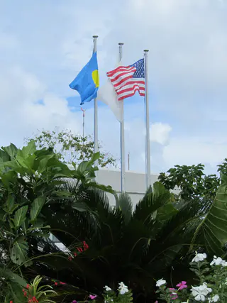Palauan, Japanese, and American flags fly over the Palau International Coral Reef Center.