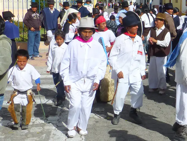Procession.  Per wikitravel.org website, "Cotacachi Village is a small town of 20.000 inhabitants some 20km north of Otavalo. The town is famous for its leather goods."