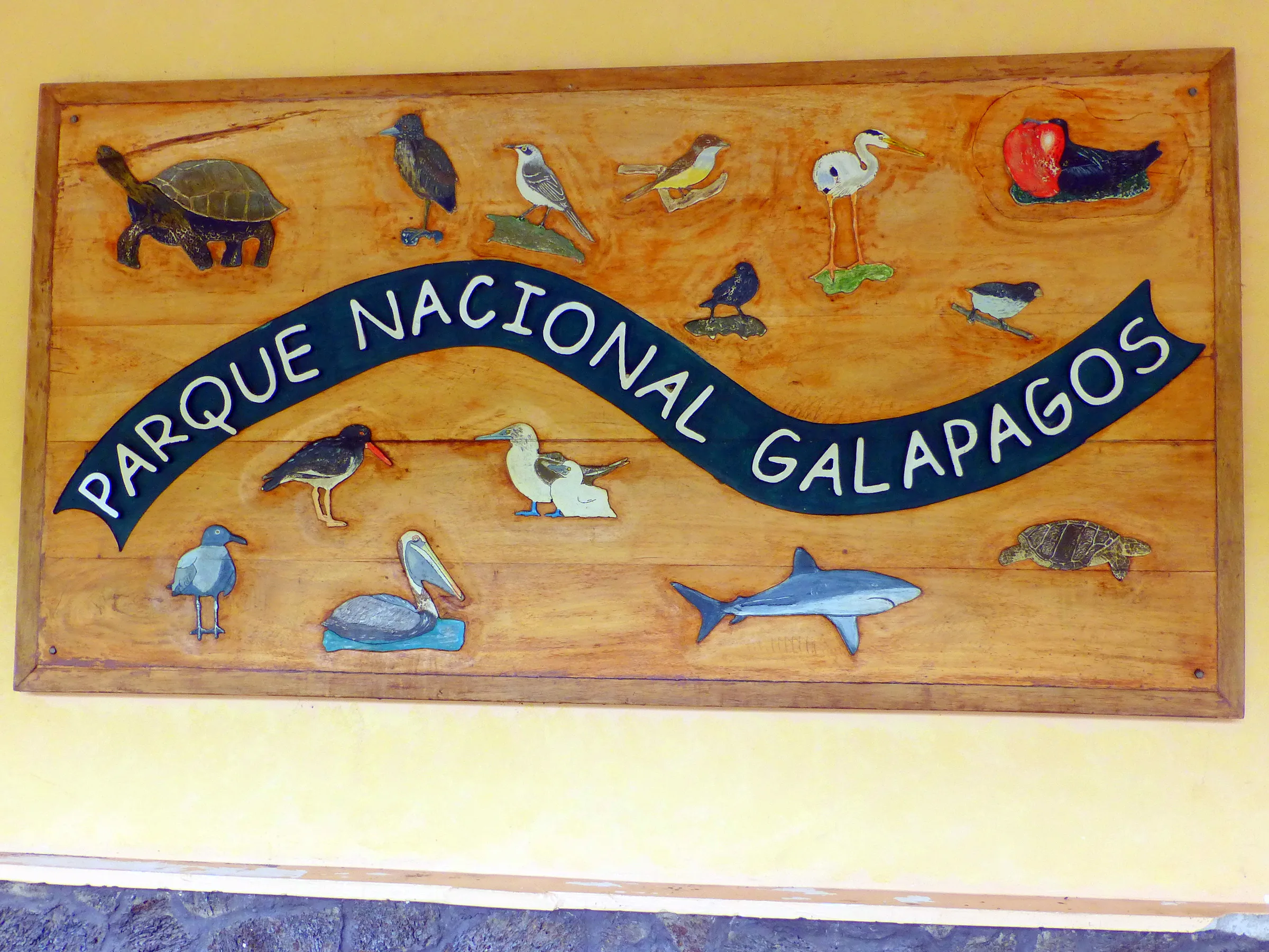 97% of the Galapagos Islands' land mass is National Park.  This plaque displays some of the more well-known wildlife in the Park.
