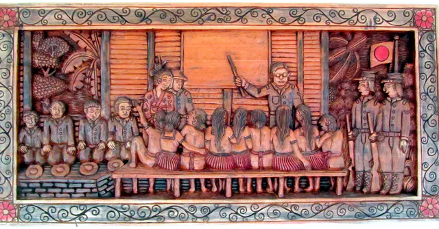 Palauan storyboard displayed at the Judiciary Building. The story relates to the Japanese administration from World War I to World War II.